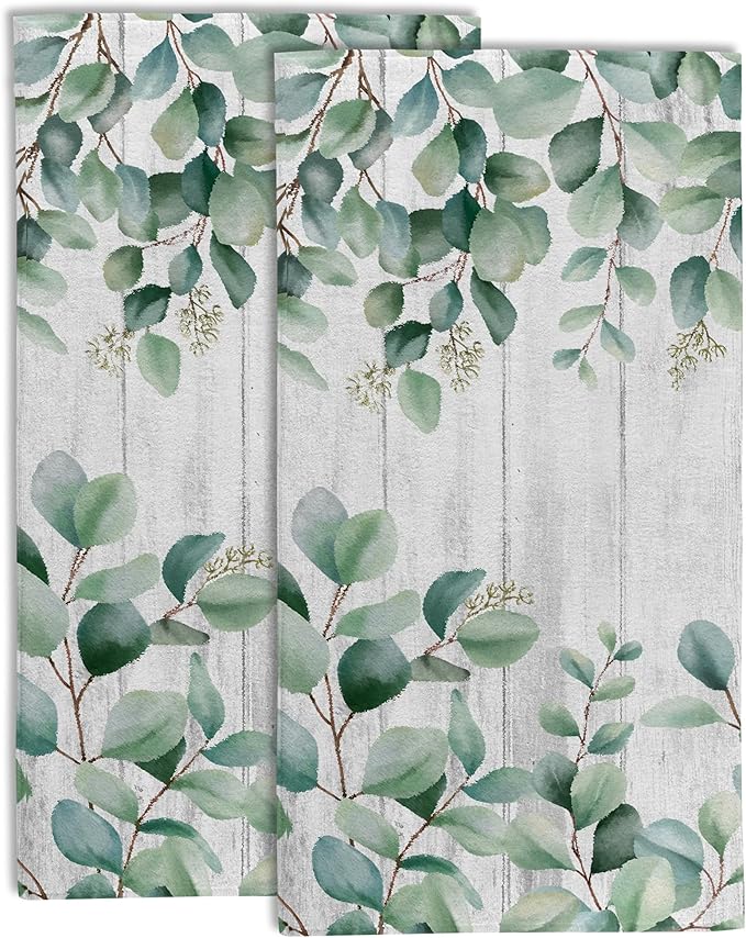 Green Eucalyptus Bouquet on White Board Bathroom Hand Towel Set of 2,Watercolor Eucalyptus Leaves Fingertip Kitchen Hand Towel,Soft Absorbent Decorative for Hotel Home Decor