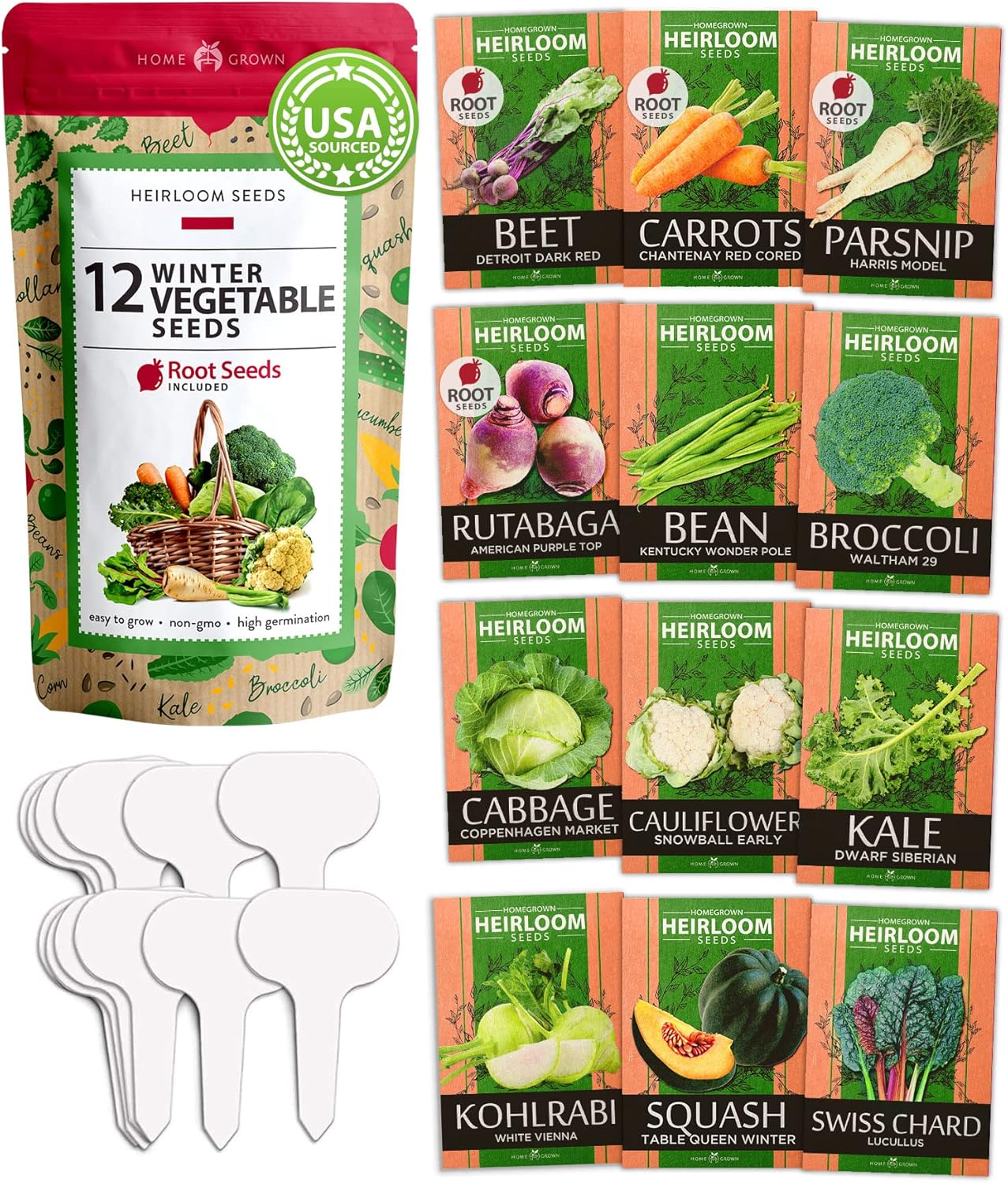 HOME GROWN 12 Winter Vegetable Seeds π‘π’π‘-ππ π’ Heirloom,Fall & Winter Vegetable Seeds for Planting Home Garden: Bean, Beet, Broccoli, Cabbage, Carrot, Cauliflower, Kale,Parsnip,Squash,Chard & More