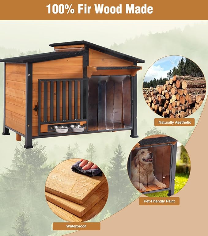 GUTINNEEN Heated Dog House Outdoor with Electric Heating Pad, Insulated Wooden Dog Kennel with 360Β° Rotating Feeding Bowl, Anti-Chewing Metal Frame, Natural Wood Color