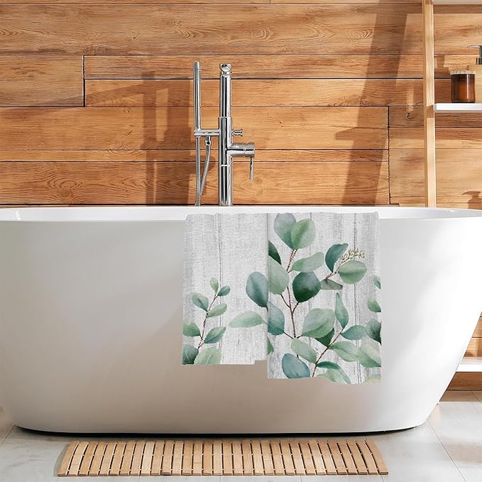 Green Eucalyptus Bouquet on White Board Bathroom Hand Towel Set of 2,Watercolor Eucalyptus Leaves Fingertip Kitchen Hand Towel,Soft Absorbent Decorative for Hotel Home Decor