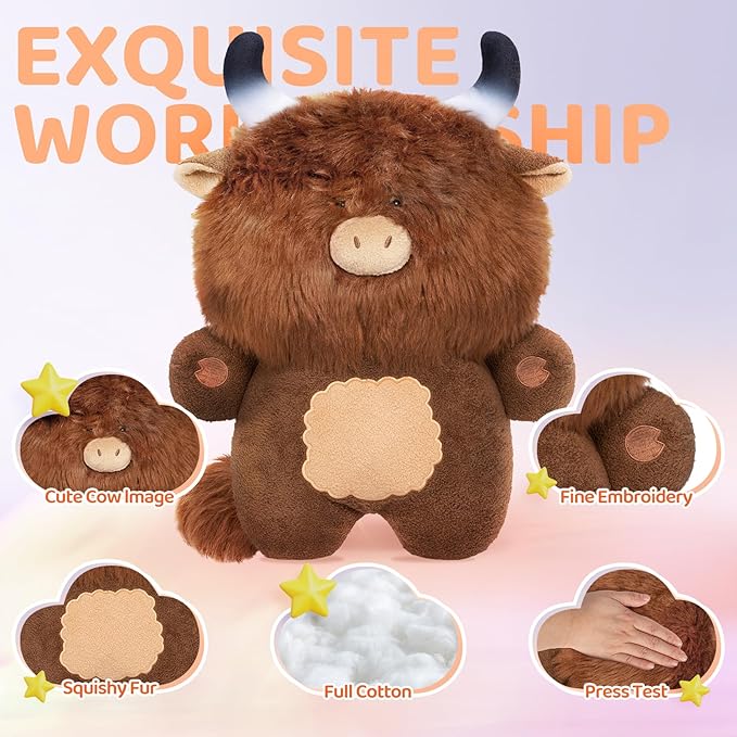 Highland Cow Plush Toys, Brown Fluffy Stuffed Animals, Squishy Doll & Plushie Pillow, Home Decor Throw Pillow Gifts for Girls (18 Inches)
