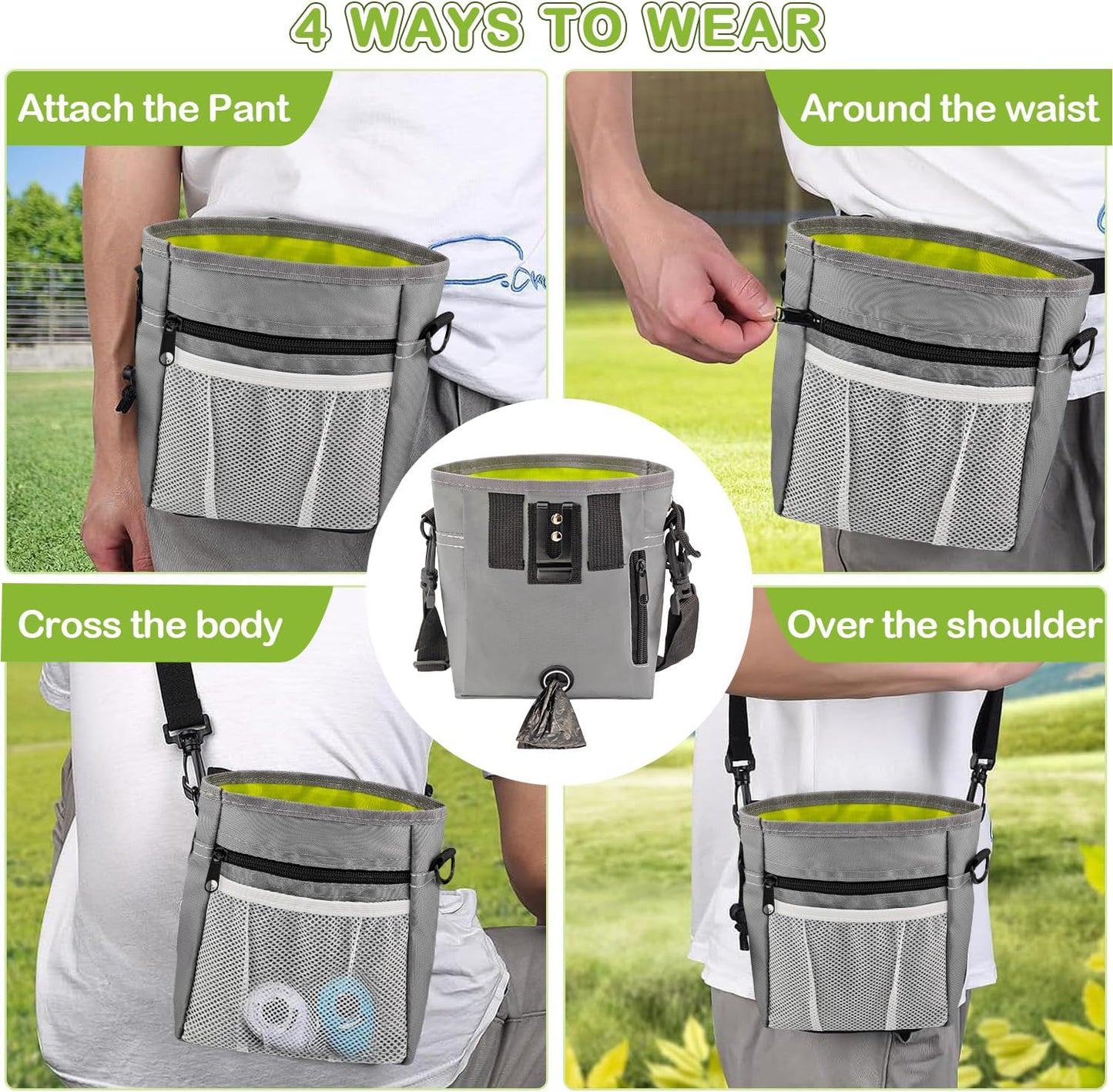 JIURUN Dog Treat Bag, Dog Training Kit - Treat Pouch, Pet Training Fanny Pack, Puppy Training Clicker, 2-in-1 Whistle Clicker, Collapsible Dog Bowl, 2 Dog Poop Bag(Gray)