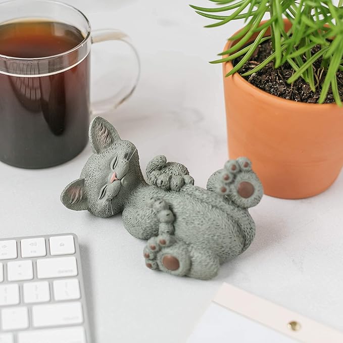 JFSM INC. Whimsical Grey Cat Playing with Tail Figurine Cute Collectible - Happy Cat Collection - Cat Lover Gifts for Women, Cute Cat Gifts, Cat Mom Gifts, Cat Desk Decoration