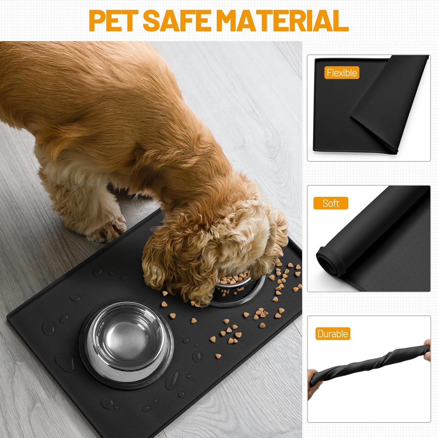 Hubulk Dog Feeding Mat,100% Waterproof Food Grade Silicone Pet Food and Water Bowl Placemat,Dishwasher, High Raised Edge to Prevent Spills,Nonslip Tray to Stop Messes on Floor(28"x18"x0.8", Black)