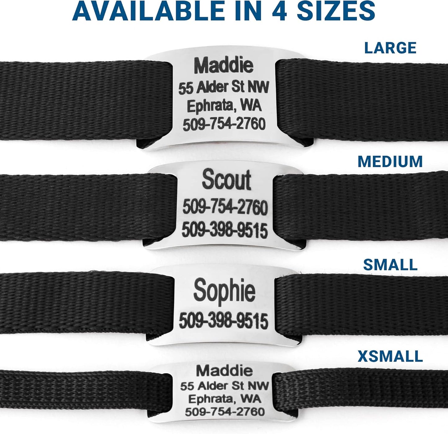 GoTags Personalized Dog Collar with Nameplate, Adjustable Dog Collar with Custom Engraved Slide On Pet ID Tag in Stainless Steel, Silent, No Noise Dog Tag for Large Medium and Small (Black, Small)