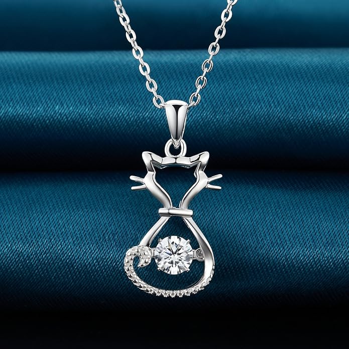 jiamiaoi 18K White Gold Plated Cat Necklace 925 Sterling Silver Diamond Cat Necklace Silver Cat On Moon Necklace for Women Gift for Birthday/Christmas, Come with Gift Box