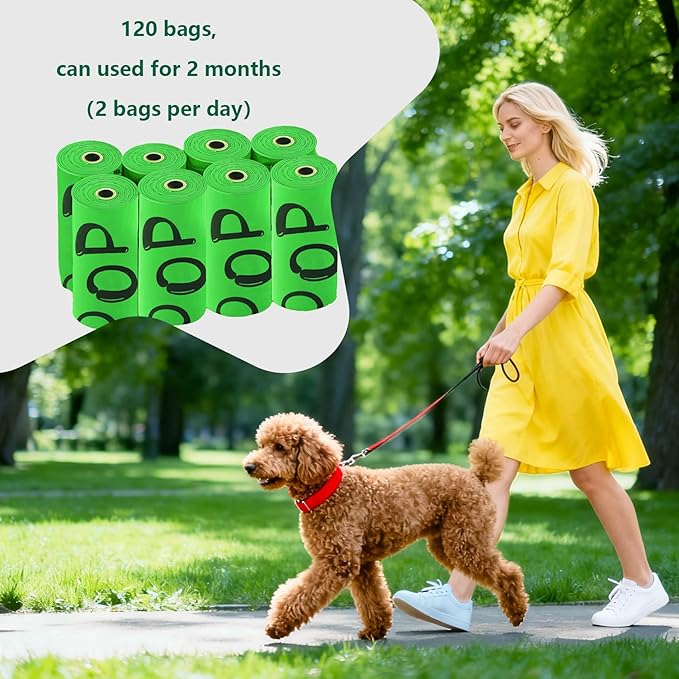100% plant-based Dog Poop Bags Rolls, ASTM D6400 & EN 13432 Compliant, 120 Poop Bags including dispenser, 13 in × 9 in green poop bags for dogs, Super thick 100% leak proof
