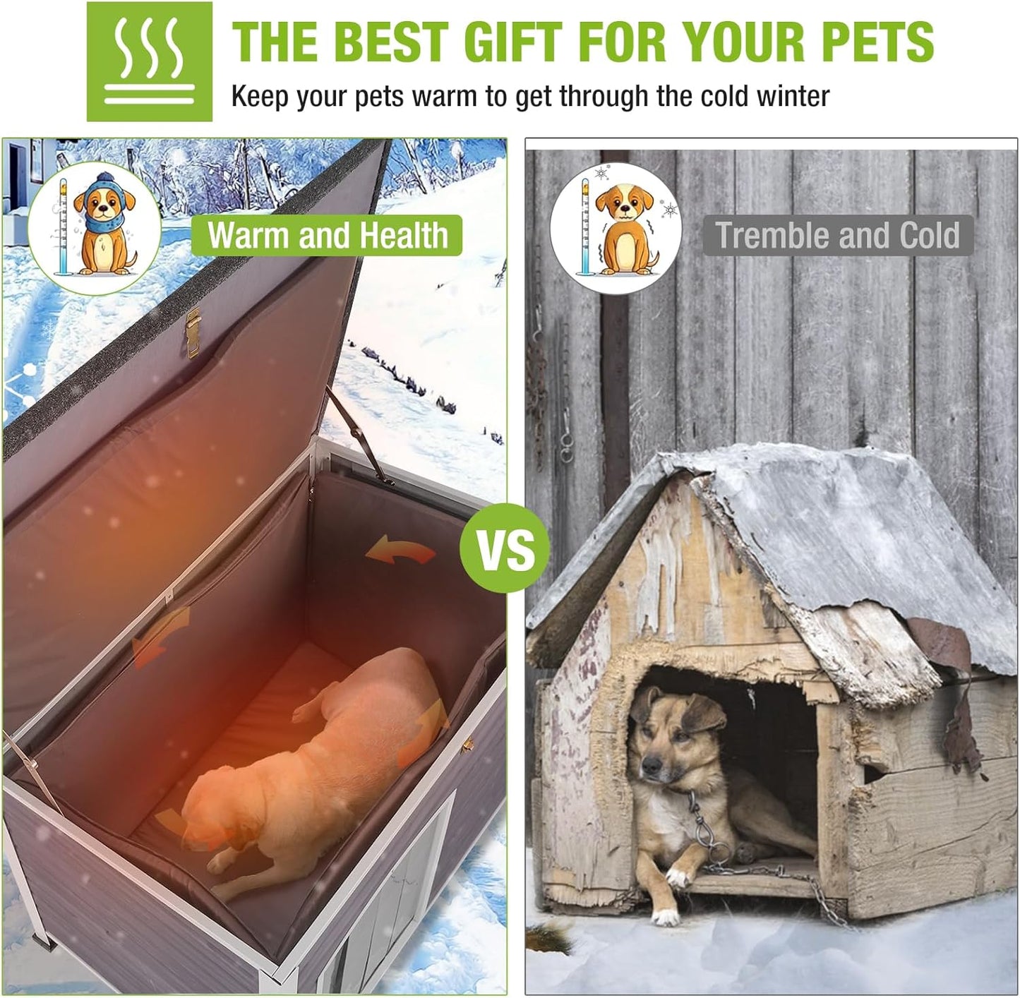 GUTINNEEN Large Insulated Dog House for Winter Outdoor Dog Kennel with Anti-Chewing Metal Frame for Medium to Large Dogs,Grey and White