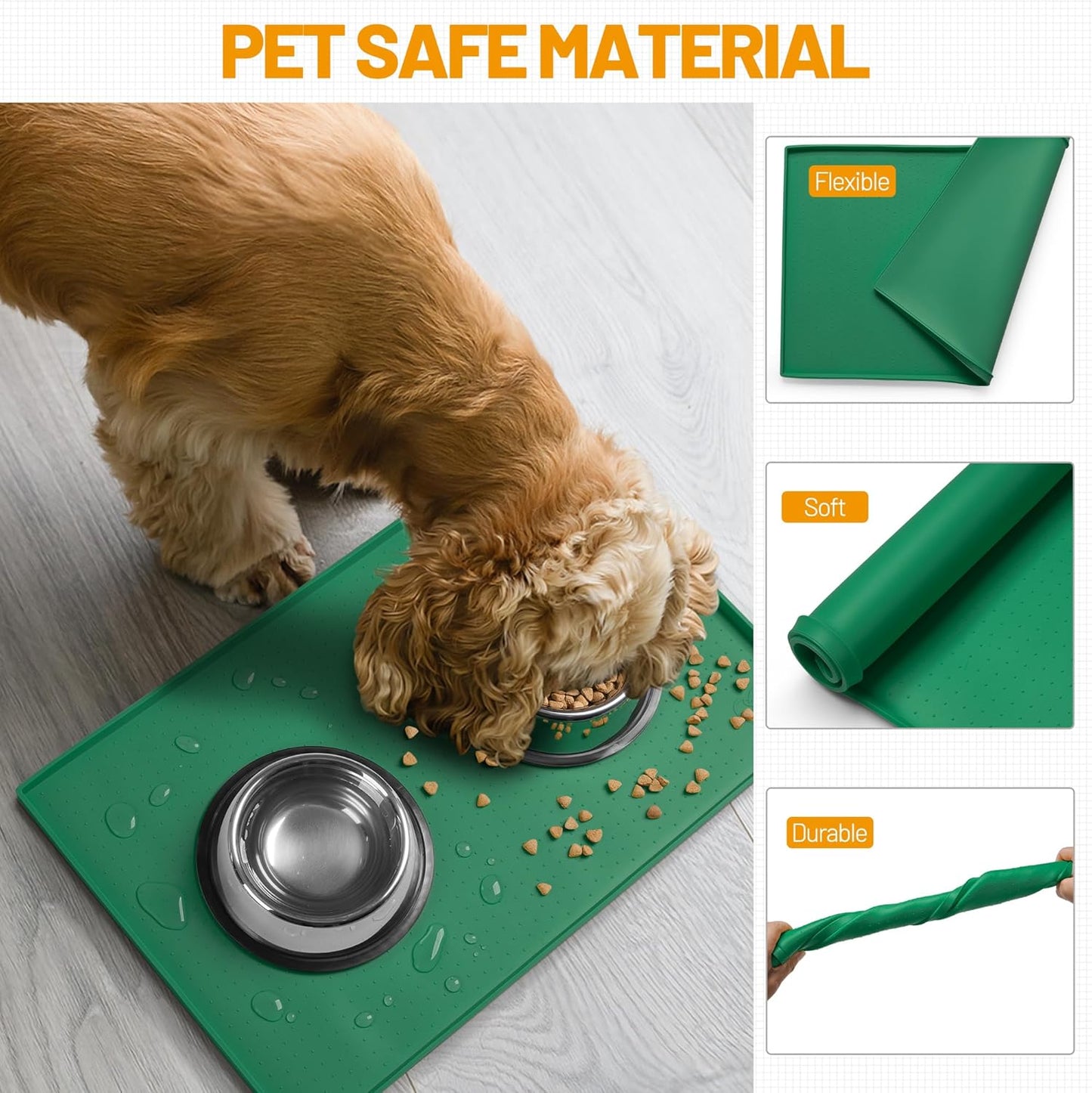 Hubulk Dog Feeding Mat,100% Waterproof Food Grade Silicone Pet Food and Water Bowl Placemat,Dishwasher, High Raised Edge to Prevent Spills,Nonslip Tray to Stop Messes on Floor(24"x16"x0.5",Hunter )