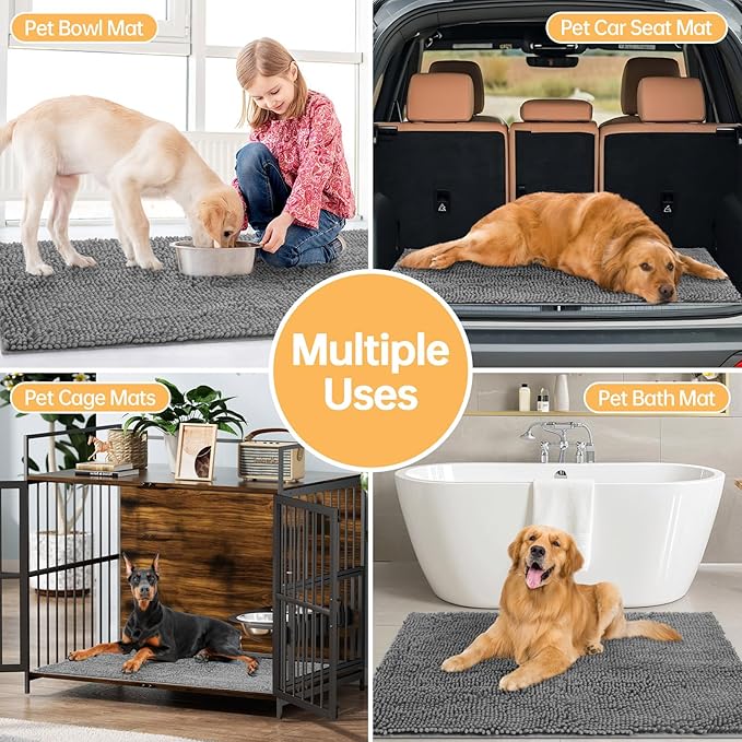 Absorbent Dog Door Mat for Muddy Paws, 60" x 48" Chenille Indoor Mats for Entryway, Trap Dirt Front Door Mat Indoor Entrance Washable Non Slip Soft Light Grey