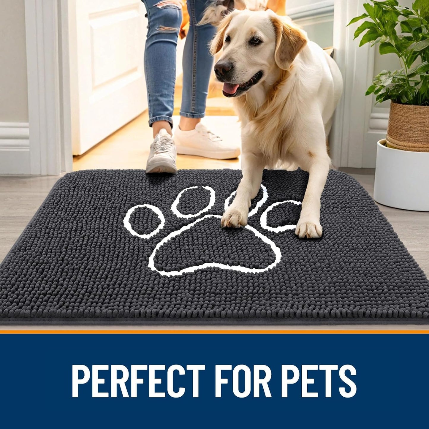 OLANLY Door Mat for Muddy Dog Paws 59x35, Ultra Absorbent Chenille Mud Doormat with Paw Print Design, Non-Slip Washable Doormat for Indoor Entryway, Quick-Dry Pet Bed Mats for Dirty Dogs, Dark Grey