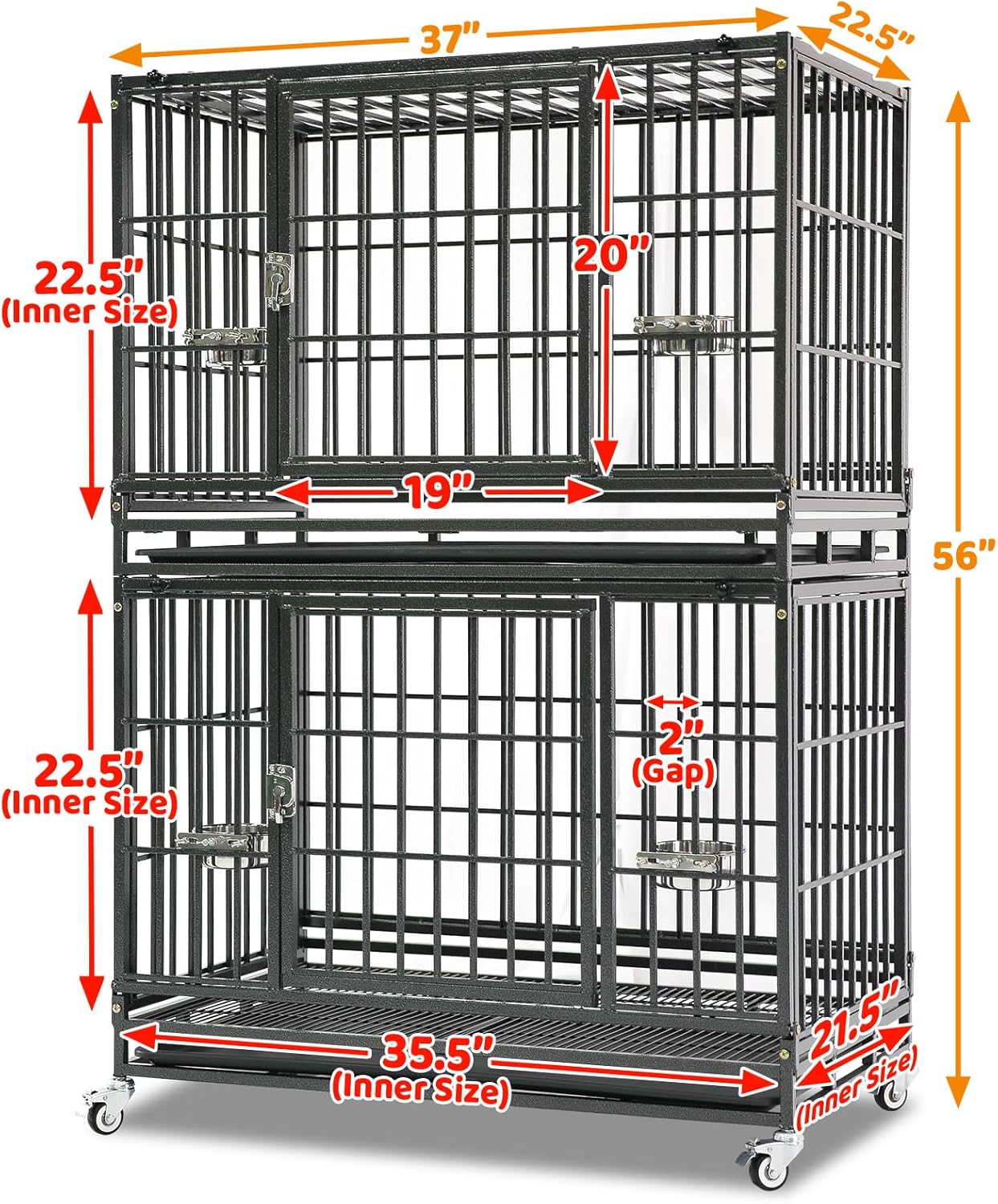 Homey Pet 37 Inch Stackable Heavy Duty Dog Crate Cage Kennel with Feeding Bowls, Lockable Wheels and Removable Tray, Escape Proof Wire Drop Dog Crates for Medium Dogs (Two Tiers)