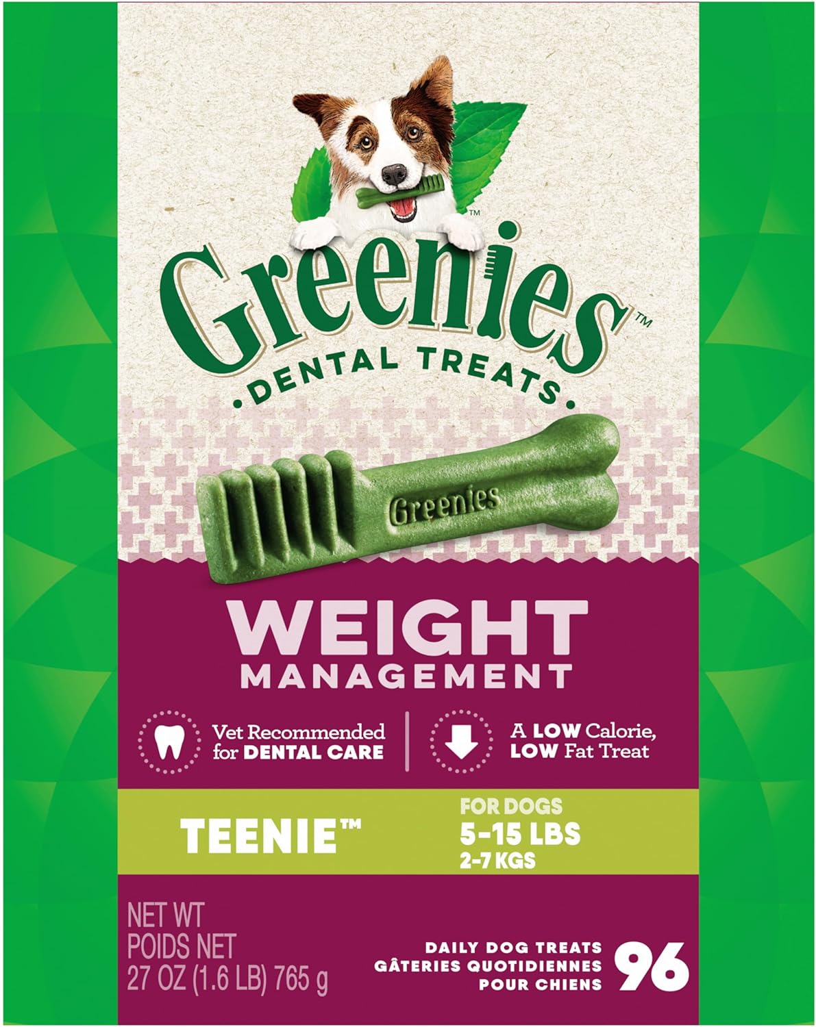 Greenies Weight Management Teenie Dog Dental Chews Weight Control Dog Treats, 27 oz. Pack (96 Treats)