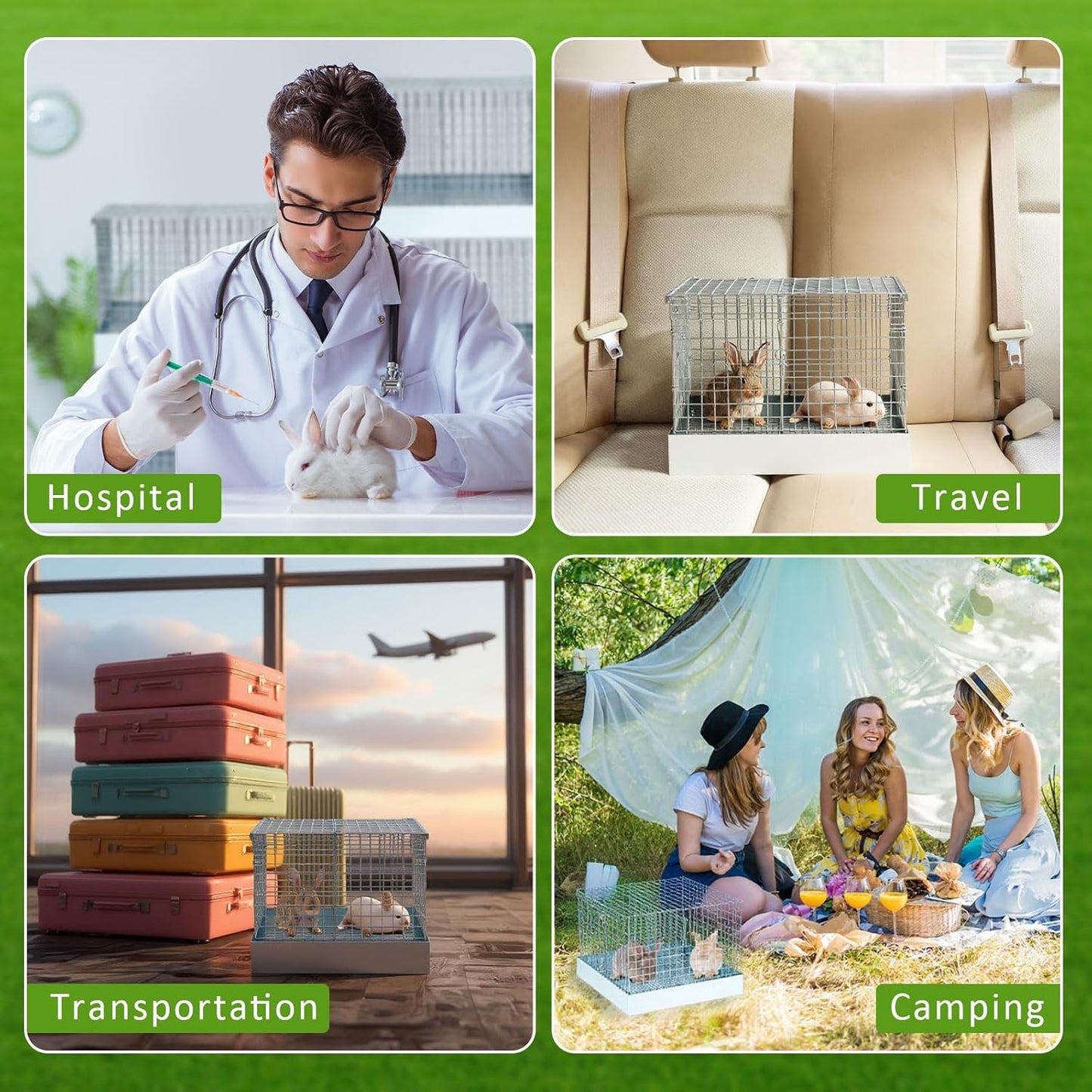 Folding Rabbit Cage, 18 x 18 x 14 in Portable Bunny Carrier with Tray and Handles for Transport, Trave or Temporary Housing, Indoor Outdoor Pet Habitat Animal Enclosure