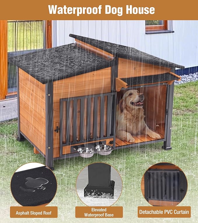 GUTINNEEN Heated Dog House Outdoor with Electric Heating Pad, Insulated Wooden Dog Kennel with 360Β° Rotating Feeding Bowl, Anti-Chewing Metal Frame, Natural Wood Color