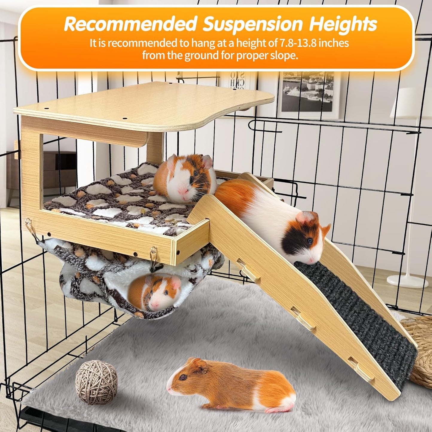 Guinea Pig Hideout,Natural Wood Removable Guinea Pig Bed, Small Animal Habitat with Hanging Hammock/Staircase/Cushion, Suitable for Small Animals to Hide, Rest, Play