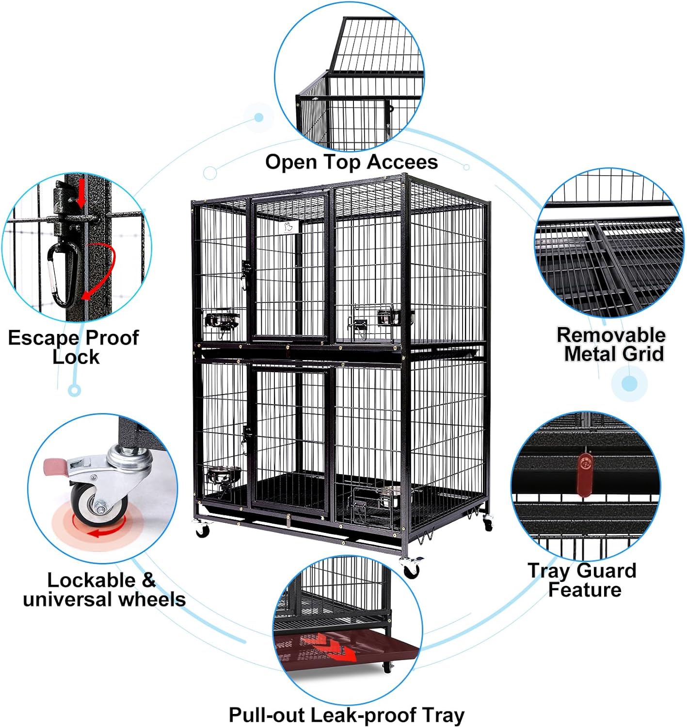 Homey Pet Two Tiers 37 Inch Dog Crate Cage Kennel with Feeding Door and Bowls, Lockable Wheels and Removable Tray, Escape Proof Metal Wire Heavy Duty Dog Crates for Medium/Small Sized Dogs (2 Pack)