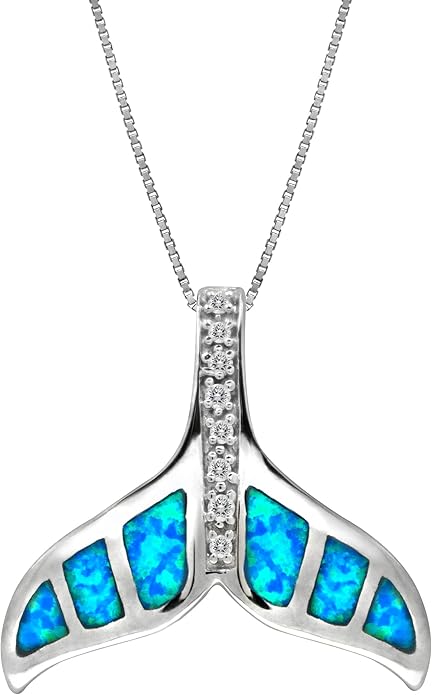 Honolulu Jewelry Company Sterling Silver Whale Tail CZ Accented Necklace Pendant with Simulated Blue Opal and 18" Box Chain