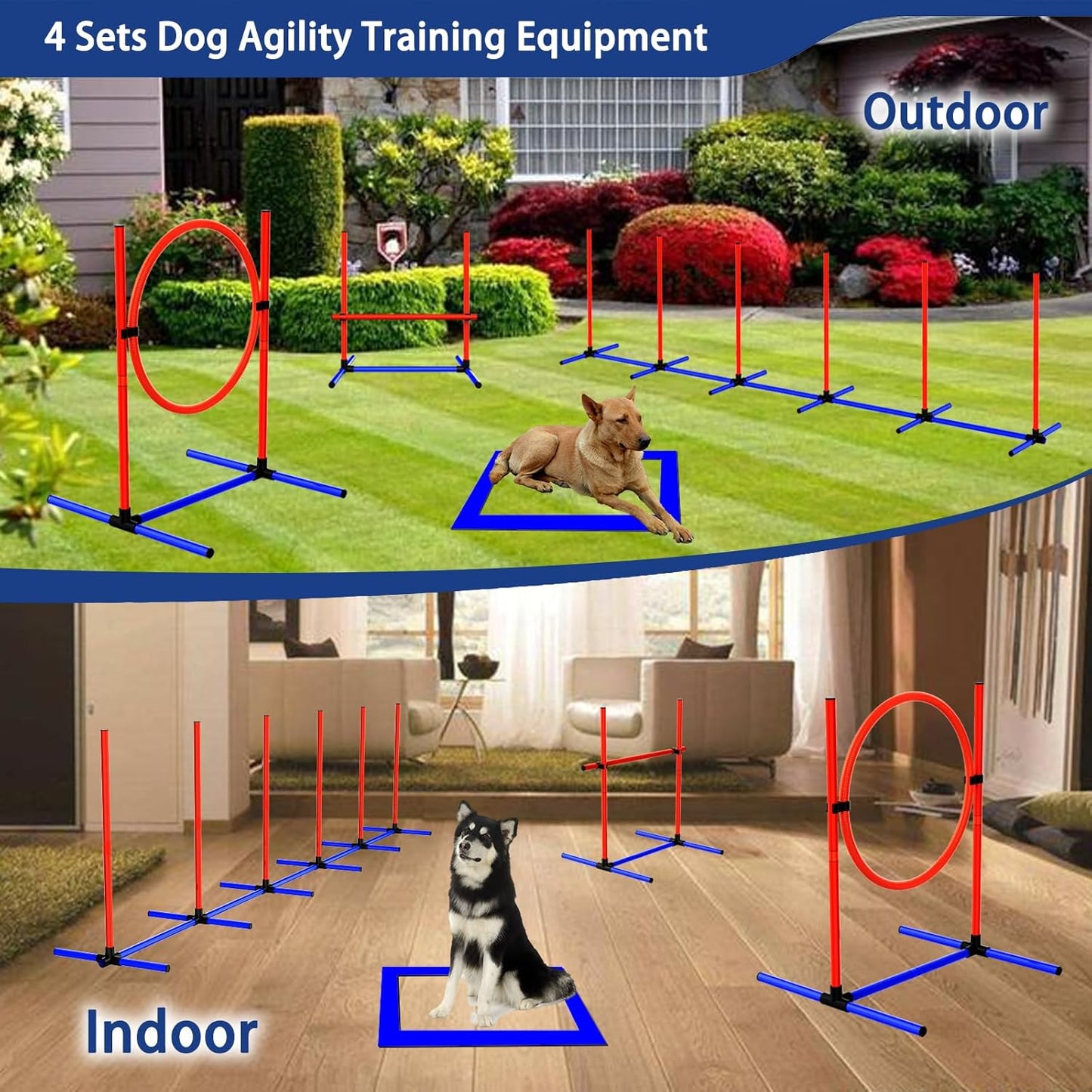 4 Sets Pets Agility Training Equipment, Adjustable Dog Hoop, Dog Jump, Weave Poles and Pause Box,with Independent Packaging(4 Sets)