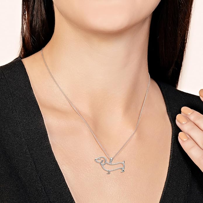 Jewelili Sterling Silver Dachsund Dog Pendant Necklace | Natural White Round Diamonds | 18" Rolo Chain | Fine Jewelry with Gift Box | Timeless Fashion Jewelry Gift for Her