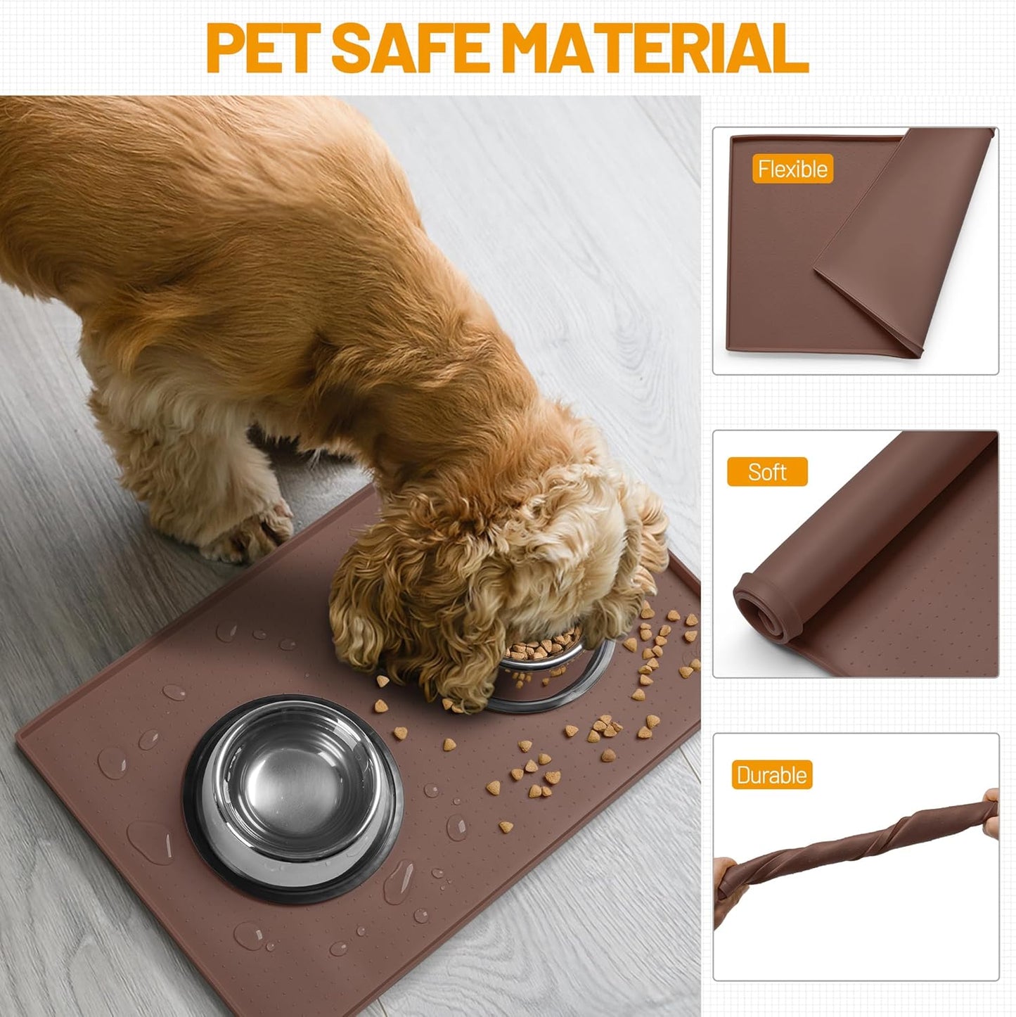 Hubulk Dog Feeding Mat,100% Waterproof Food Grade Silicone Pet Food and Water Bowl Placemat,Dishwasher, High Raised Edge to Prevent Spills,Nonslip Tray to Stop Messes on Floor(19"x12"x0.5", Brown)