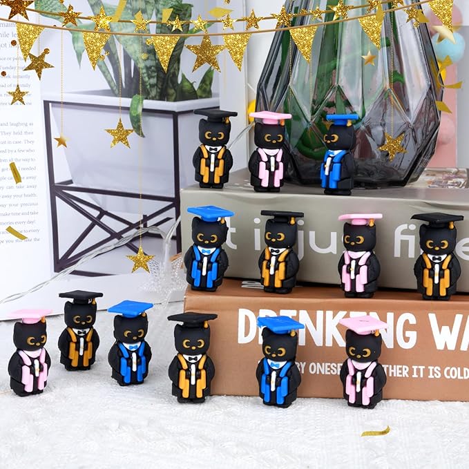Graduation Gifts Set Class of 2025, 45 PCS Black Cat Figurines with Cap Diploma, PVC Mini Cat Resin Hide Prank Figures for Storage Bag for Student Gifts Party Favor