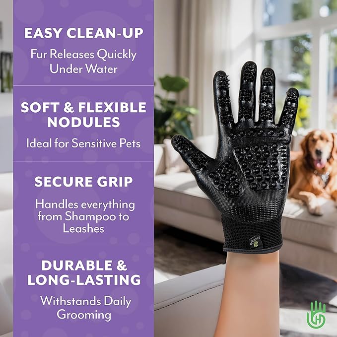 H HANDSON Pet Grooming Gloves - Patented #1 Ranked, Award Winning Shedding, Bathing, & Hair Remover Gloves - Gentle Brush for Cats, Dogs, and Horses (Purple, X-Large)