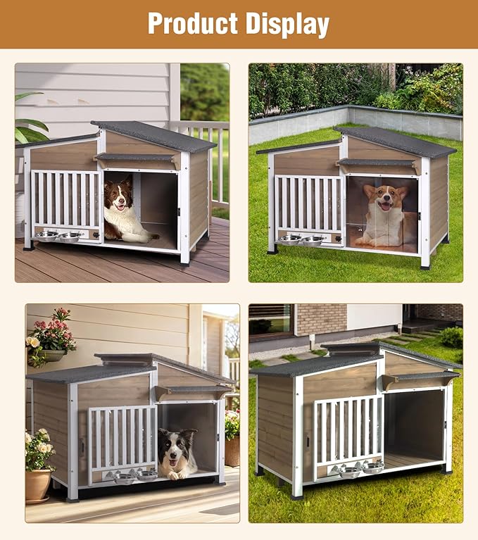 GUTINNEEN Dog House Outdoor with Anti-Chewing Metal Frame, Wooden Dog Kennel with 360Β° Rotating Feeding Bowl, Weatherproof Roof, for Indoor & Outdoor Use - Brown