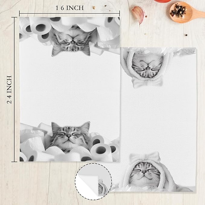 Funny Cat Decor Bathroom Hand Towels, Cat Lover Mom Lady Gifts, Cute Cats Kitty Bathrobe and Toilet Paper Decorative Hand Towels for Kids Bathroom Washroom Restroom, 16x24 Inch Set of 2