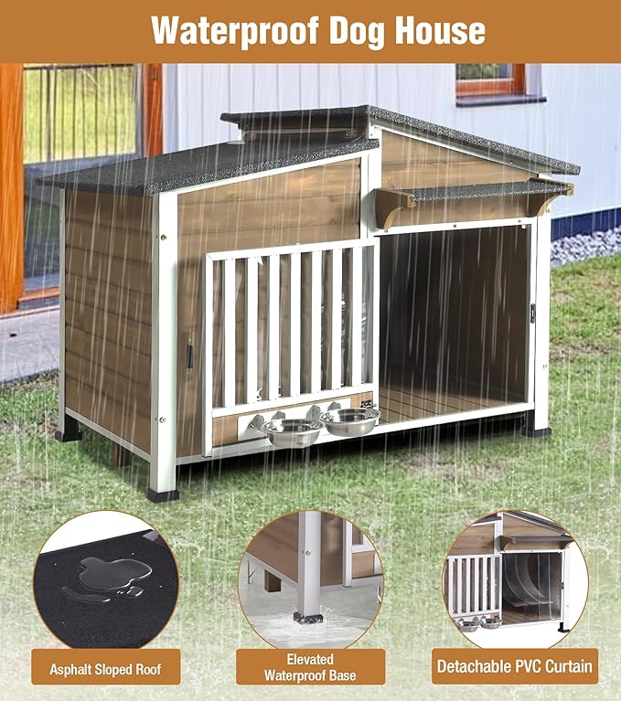GUTINNEEN Dog House Outdoor with Anti-Chewing Metal Frame, Wooden Dog Kennel with 360Β° Rotating Feeding Bowl, Weatherproof Roof, for Indoor & Outdoor Use - Brown