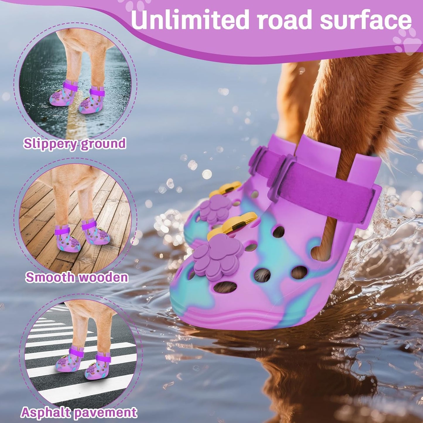Dog Shoes for Hot Pavement, Adjustable Magic Tape Boots for Small, Medium & Large Dogs, Anti-Slip, Easy to Clean Paw Protectors for Beach, Outdoor & Hot Weather (Purple S)