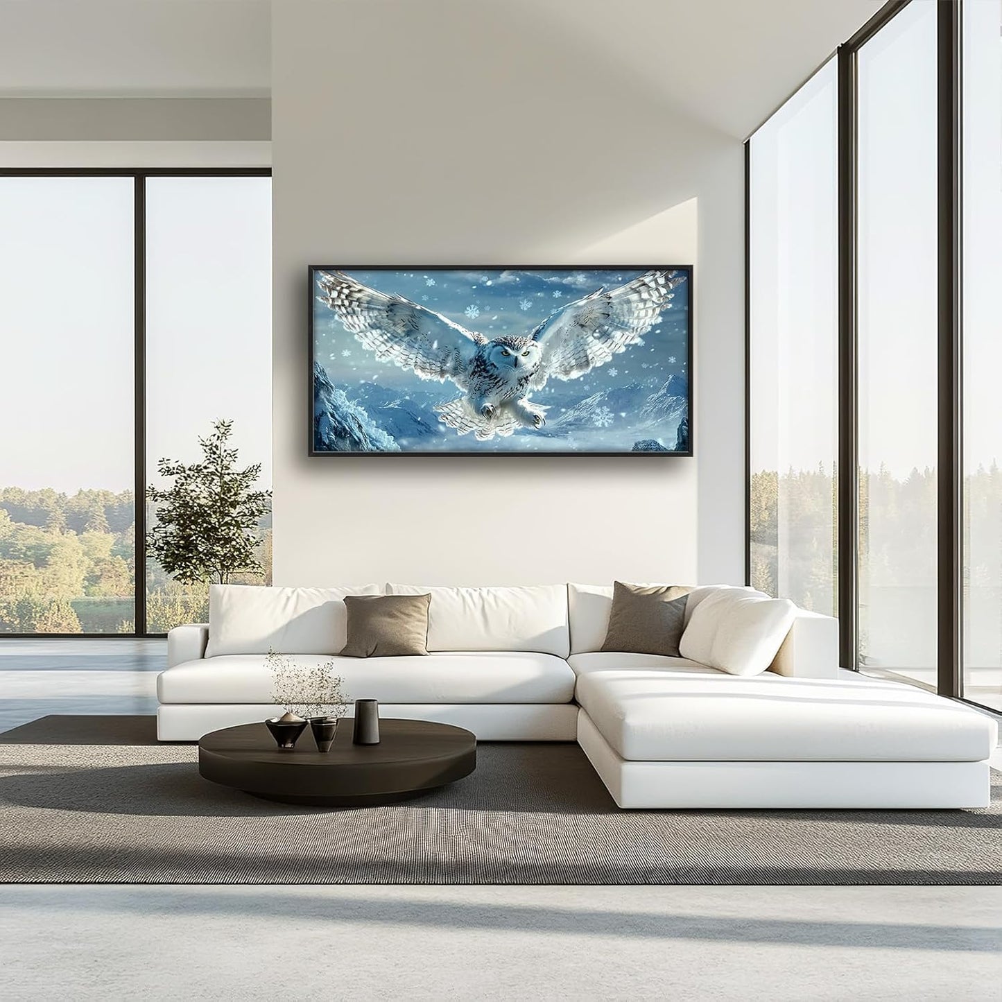 Framed Large Snowy Owl Wall Art for Living Room, Oversized Snowy Mountain Wall Decor Landscape Canvas Painting Modern Artwork Home Decoration for Living Room Bedroom Office 60"x30"