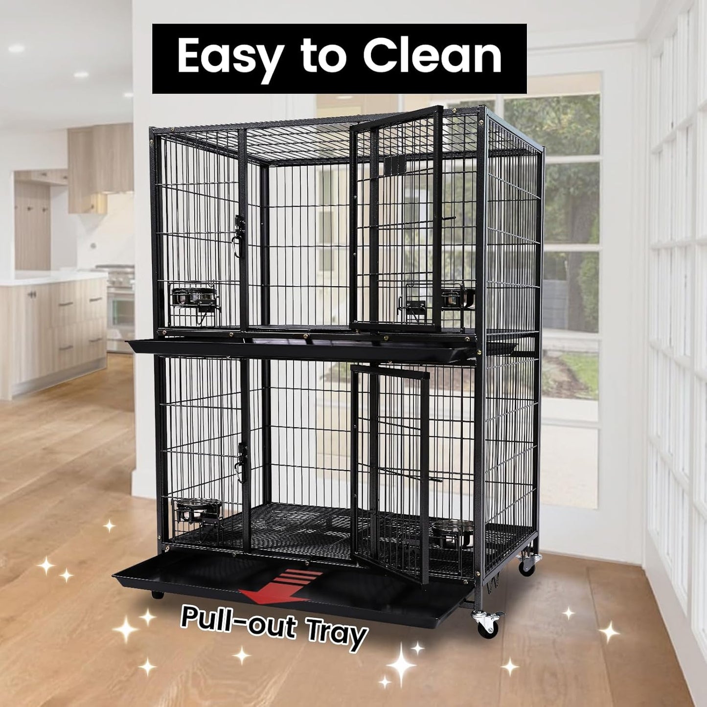 Homey Pet Two Tiers 37 Inch Dog Crate Cage Kennel with Feeding Door and Bowls, Lockable Wheels and Removable Tray, Escape Proof Metal Wire Heavy Duty Dog Crates for Medium/Small Sized Dogs (4 Pack)