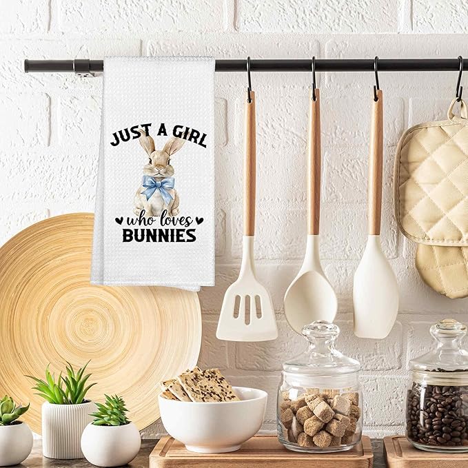 Just a Girl Who Loves Bunnies Kitchen Towels Decorative Gifts for Rabbit Lovers Women 16x24, Rabbit Dish Towel Cloths Dishcloths Tea Towel, Easter Bunny Bathroom Kitchen Hand Towel Decor