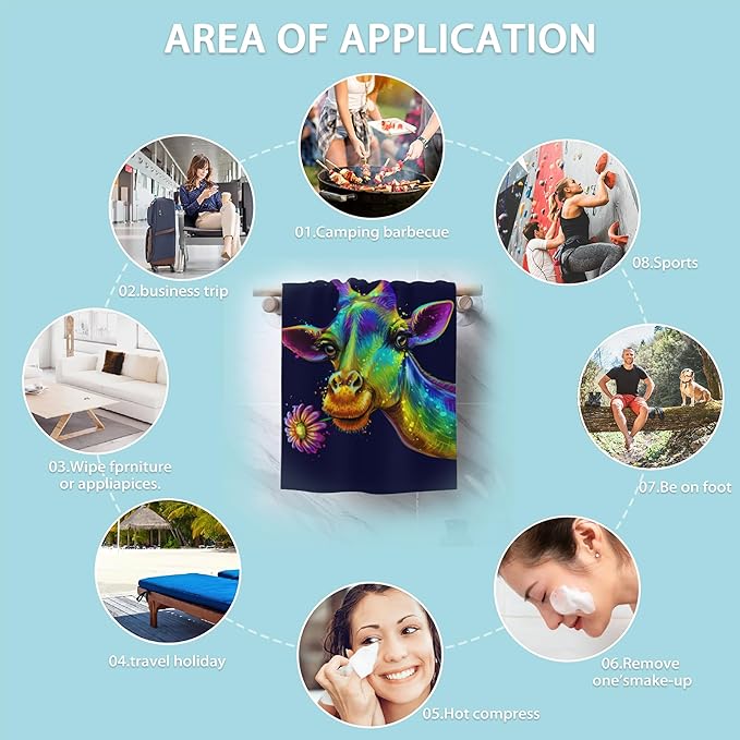 Giraffe Hand Towels Set of 2 - Colorful Fingertip Polyester Cotton Soft Bath Towels for Bathroom, Kitchen, Hotel, Spa - 14"X28"