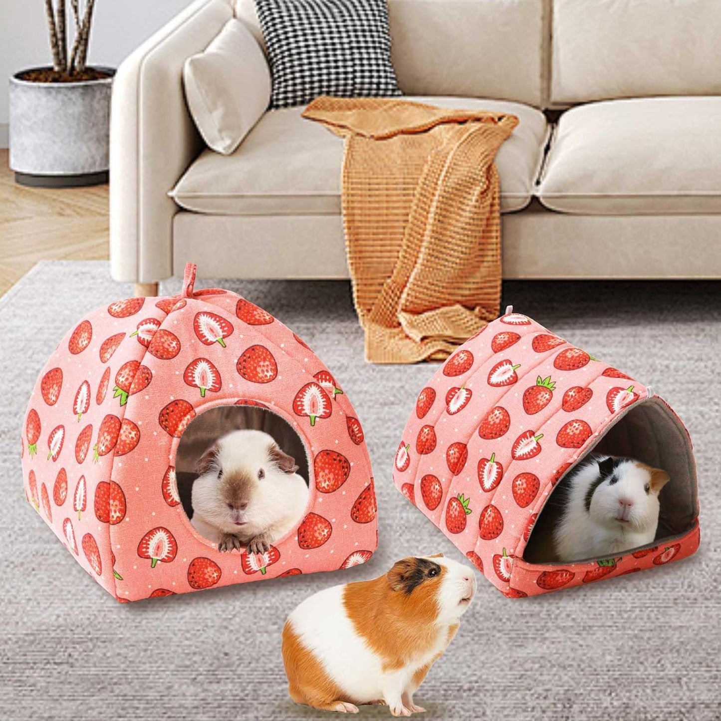 JSPYFITS Guinea Pig Hideout, 2 Pack Guinea Pigs House Set Rabbit Bed, Guineapigs Houses Rabbit Hideout for Small Animal Bunny/Rabbits/Chinchilla Accessories Pink Strawberry