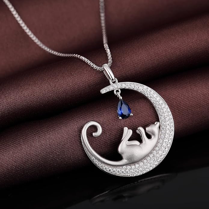 jiamiaoi 18K White Gold Plated Cat Necklace 925 Sterling Silver Diamond Cat Necklace Silver Cat On Moon Necklace for Women Gift for Birthday/Christmas, Come with Gift Box