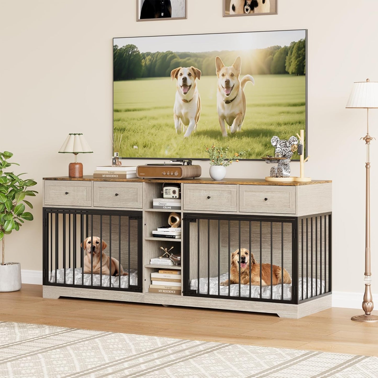 GarveeHome 82" Double Dog Crate Furniture, Large Dog Kennel Indoor for 2 Dogs, Heavy Duty Wooden Dog Crate TV Stand with 4 Drawers and Shelves, Washed White