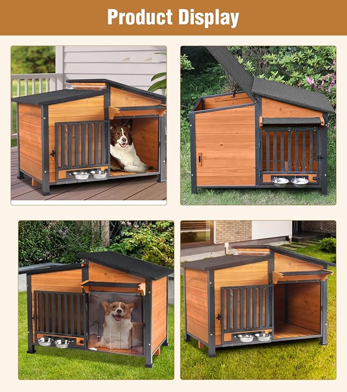 GUTINNEEN Dog House Outdoor with Anti-Chewing Metal Frame, Wooden Dog Kennel with 360Β° Rotating Feeding Bowl, Weatherproof Roof, for Indoor & Outdoor Use - Natural Wood Color
