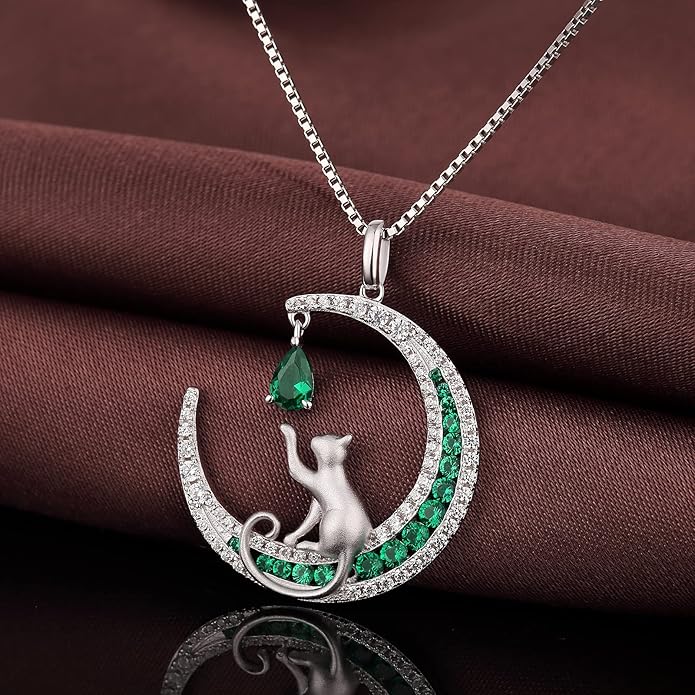 jiamiaoi 18K White Gold Plated Cat Necklace 925 Sterling Silver Diamond Cat Necklace Silver Cat On Moon Necklace for Women Gift for Birthday/Christmas, Come with Gift Box