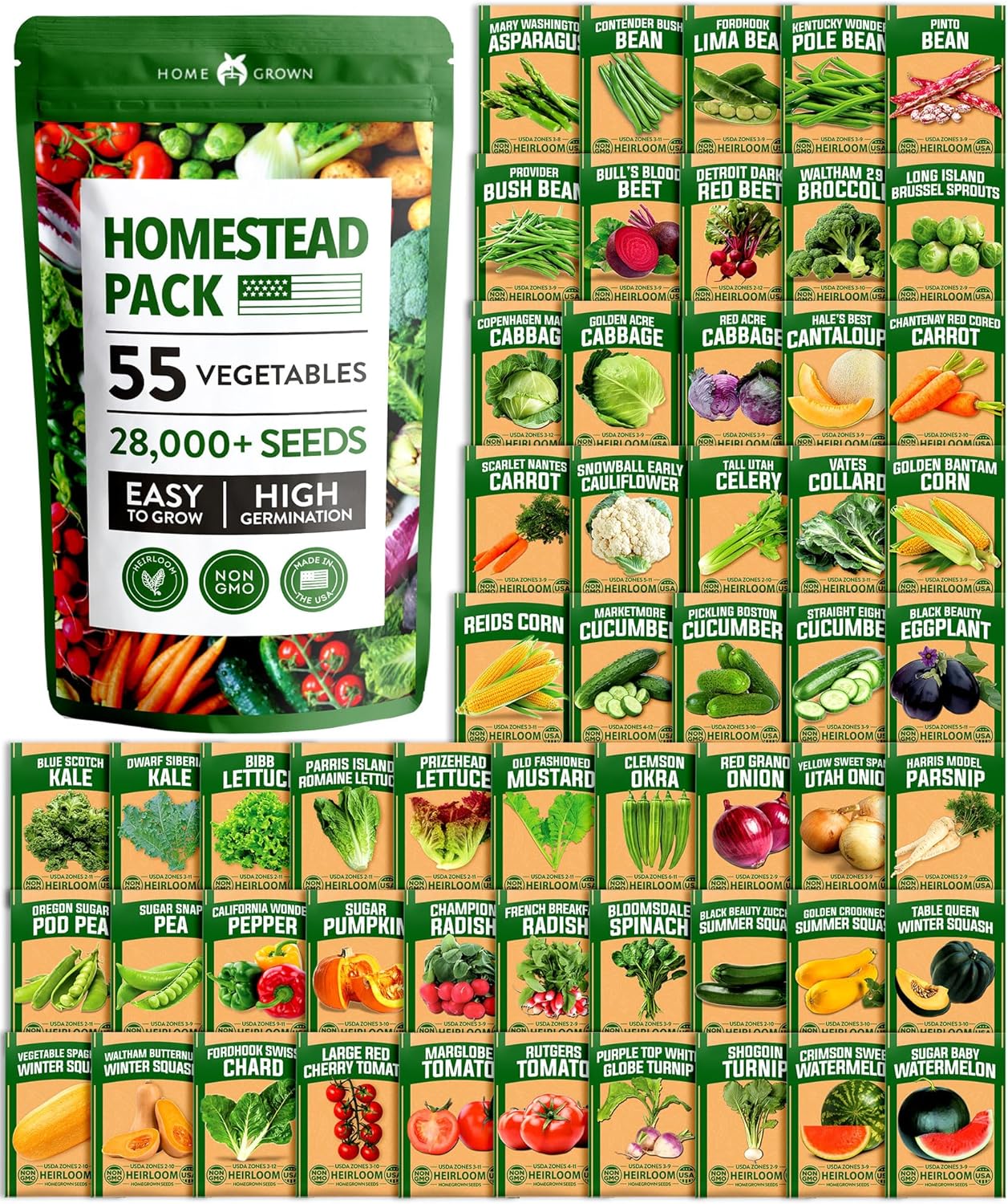 HOME GROWN π¨π¦π π£π₯ππ ππ¨π  55 Vegetable Seeds Pack 28,000+ Non-GMO Heirloom Seeds for Planting, Spring Fall Winter Garden Kit, Survival Seed Vault for Preppers & Gardeners, Gift for Men & Women