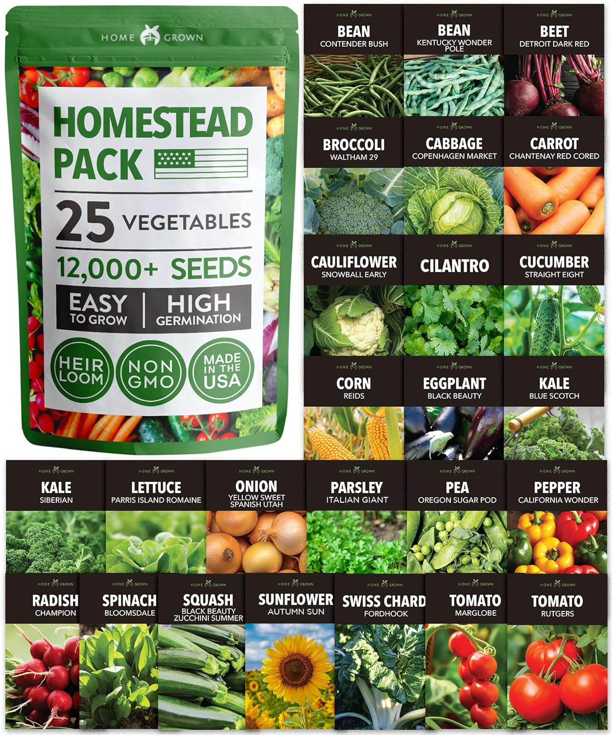 HOME GROWN π¨π¦π π£π₯ππ ππ¨π  25 Heirloom Vegetable Seeds 12,000+ π‘π’π‘-ππ π’ Survival Garden Seeds Kit, High Germination Tomatoes Carrots Beans Kale Peppers, Giftable Indoor Outdoor Planting Set
