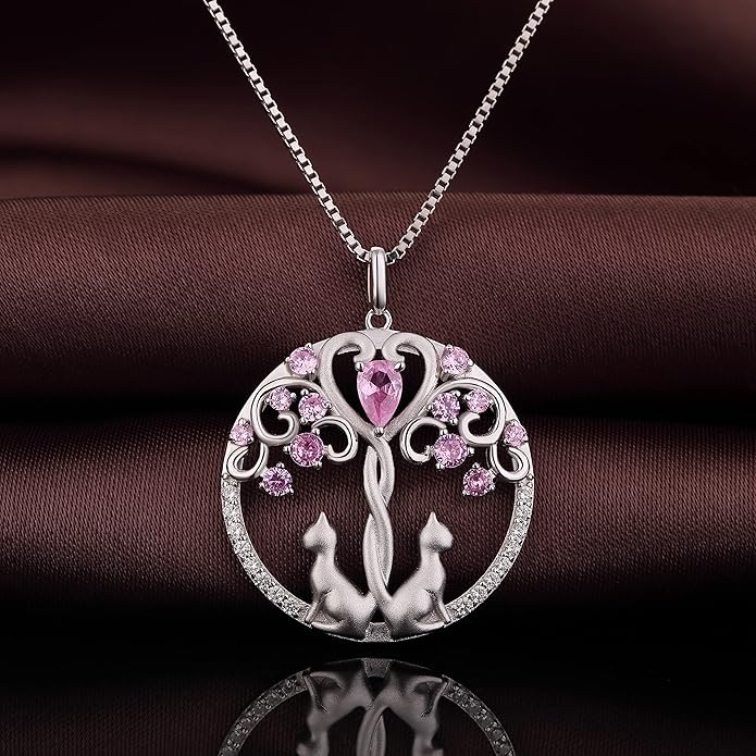 jiamiaoi 18K White Gold Plated Cat Necklace 925 Sterling Silver Diamond Cat Necklace Silver Cat On Moon Necklace for Women Gift for Birthday/Christmas, Come with Gift Box