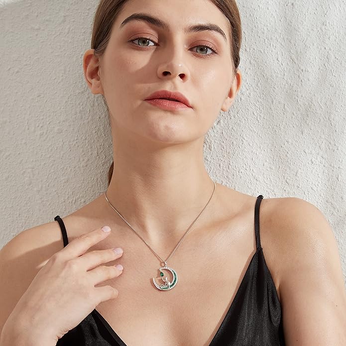 jiamiaoi 18K White Gold Plated Cat Necklace 925 Sterling Silver Diamond Cat Necklace Silver Cat On Moon Necklace for Women Gift for Birthday/Christmas, Come with Gift Box