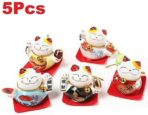 EatingBiting Set of 5 Japanese Ceramics Maneki Neko Lucky Cat Figurines Waving Upright Fortune Cat Figurines Cute Smiley Waving Upright Lucky Fortune