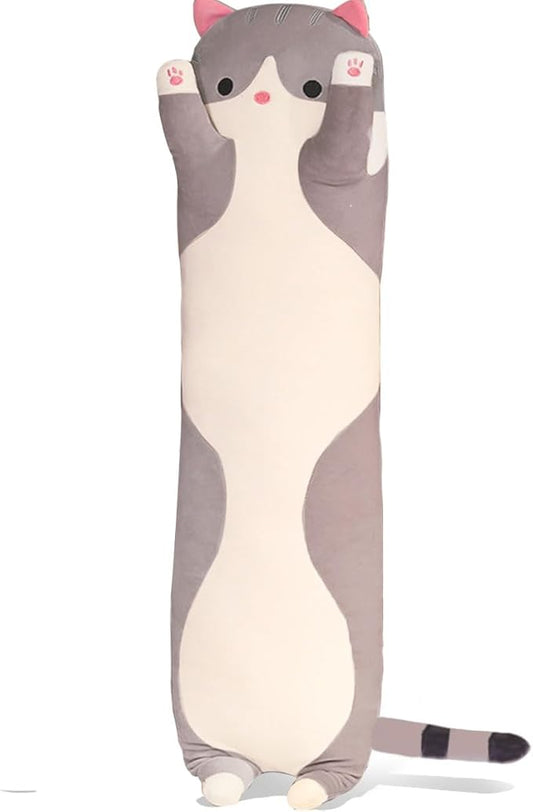 Grey Cat Long Plush Pillow Kitty Stuffed Animals Soft Sleeping Throw Pillow Doll Toy (Grey,27inches)