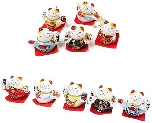 EatingBiting Set of 5 Japanese Ceramics Maneki Neko Lucky Cat Figurines Waving Upright Fortune Cat Figurines Cute Smiley Waving Upright Lucky Fortune