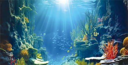 72X16IN Blue Sea Floor Aquarium Background, Natural Underwater World 3D Effect Fish Tank Decorations Background, Art Terrarium Background with 8 EVA Double-Sided Tape