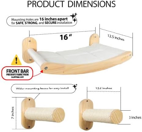 NVMBR Cat Wall Furniture Lounge with Sisal Stairs Set, 16 inch Stud Design, Easy Install Mounts, Holds up to 33 lbs Climber Indoor Perches for Walls, Shelf Hammock with Saftety Bar