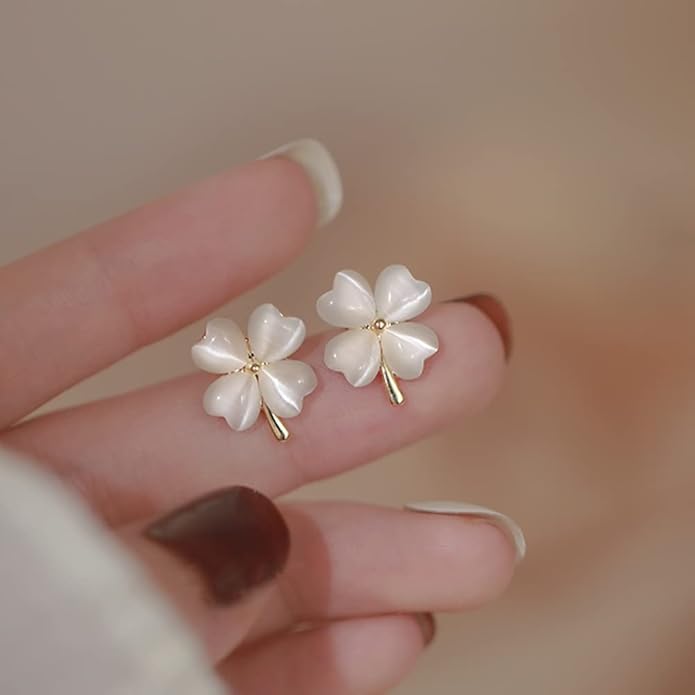Green Cat Eye's Clover Flower Earrings for Women Girls 925 Sterling Silver Post Pin Hypoallergenic Lucky Love Heart 4 Leaf Petal Small Cute Studs Earring Dainty Gifts for Mother Sister Aunt